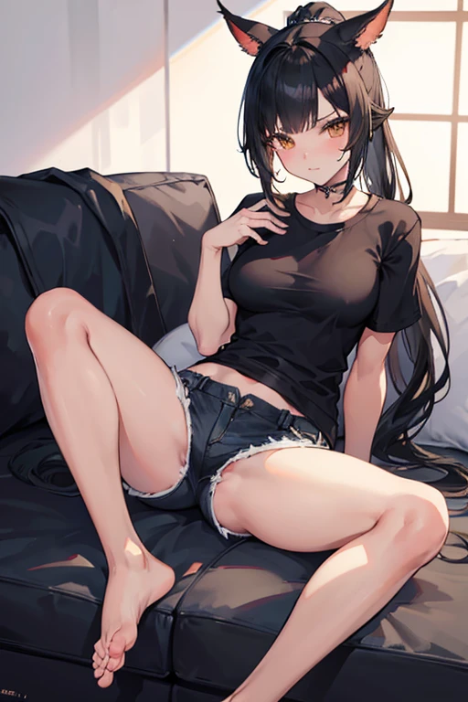 FFXIV Miqo'te with a lithe body, black hair in long ponytail, beautiful face, small breasts and tanned brown skin, wearing a tight t-shirt and short black denim shorts. bare feet