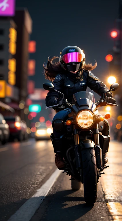 （photore：1.5），（k hd：1.3），（Bokeh：1.5），Motorbike ride through the city under beautiful neon lights and night lights，And drive at a pleasant full throttle，Girl driving motorcycle，A brown-haired，黑The eye，wearing her helmet，It's like a scene in an action movie，Happy expression，Full body like，wide angles