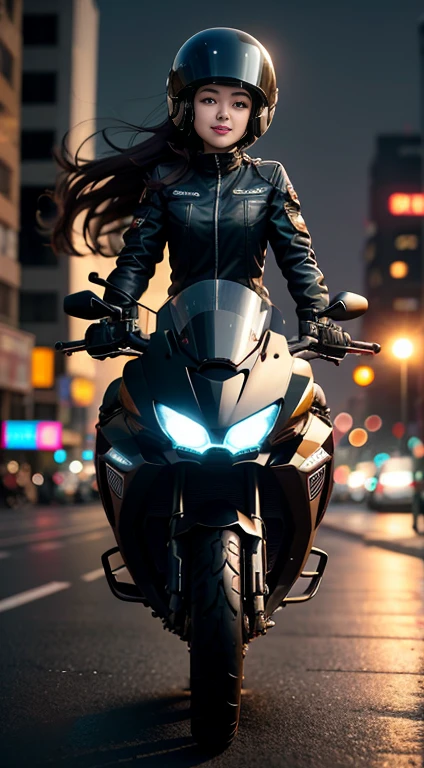 (photore:1.5),(k hd:1.3),(Bokeh:1.5),Motorbike ride through the city under beautiful neon lights and night lights,And drive at a pleasant full throttle,Girl driving motorcycle,A brown-haired,黑The eye,wearing her helmet,It's like a scene in an action movie,Happy expression,Full body like,wide angles