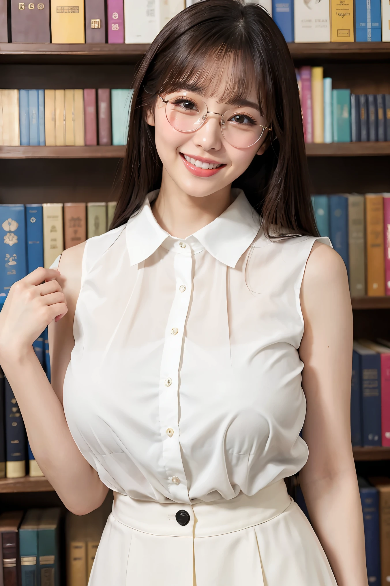 (highest quality、Tabletop、8k、Award-winning works、Ultra-high resolution、Best image quality)、One beautiful woman、(White polyester sleeveless、Blouse with buttoned collar:1.3)、(Elegant black tight skirt:1.1)、(Huge breasts:1.2)、(Elegant round glasses:1.2)、library、(Standing Elegantly:1.1)、(Strongly blurred background:1.1)、Stand next to a bookshelf、(Perfectly organized bookshelf:1.1)、Bookshelf in the background、居心地の良いlibrary、lipstick、Long eyelashes、Heavy makeup、Perfect Makeup、Colored contact lenses、Accentuate your body lines、Big ample breasts、Soft and warm lighting、Detailed bookshelf、(Ultra-high resolutionの正確な美しい髪:1.1)、(Accurate anatomy:1.2)、Ultra-high definition beautiful eyes、(Super bright and radiant skin:1.1)、Biggest Smile、Smile widely and show your teeth