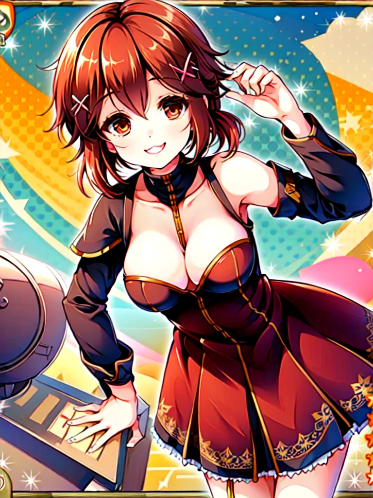 kakeisonomi,brown hair, x hair ornament, hairclip, hair between eyes, low ponytail, short hair, brown eyes , live stage, large breasts, 1girl, smile, ,solo