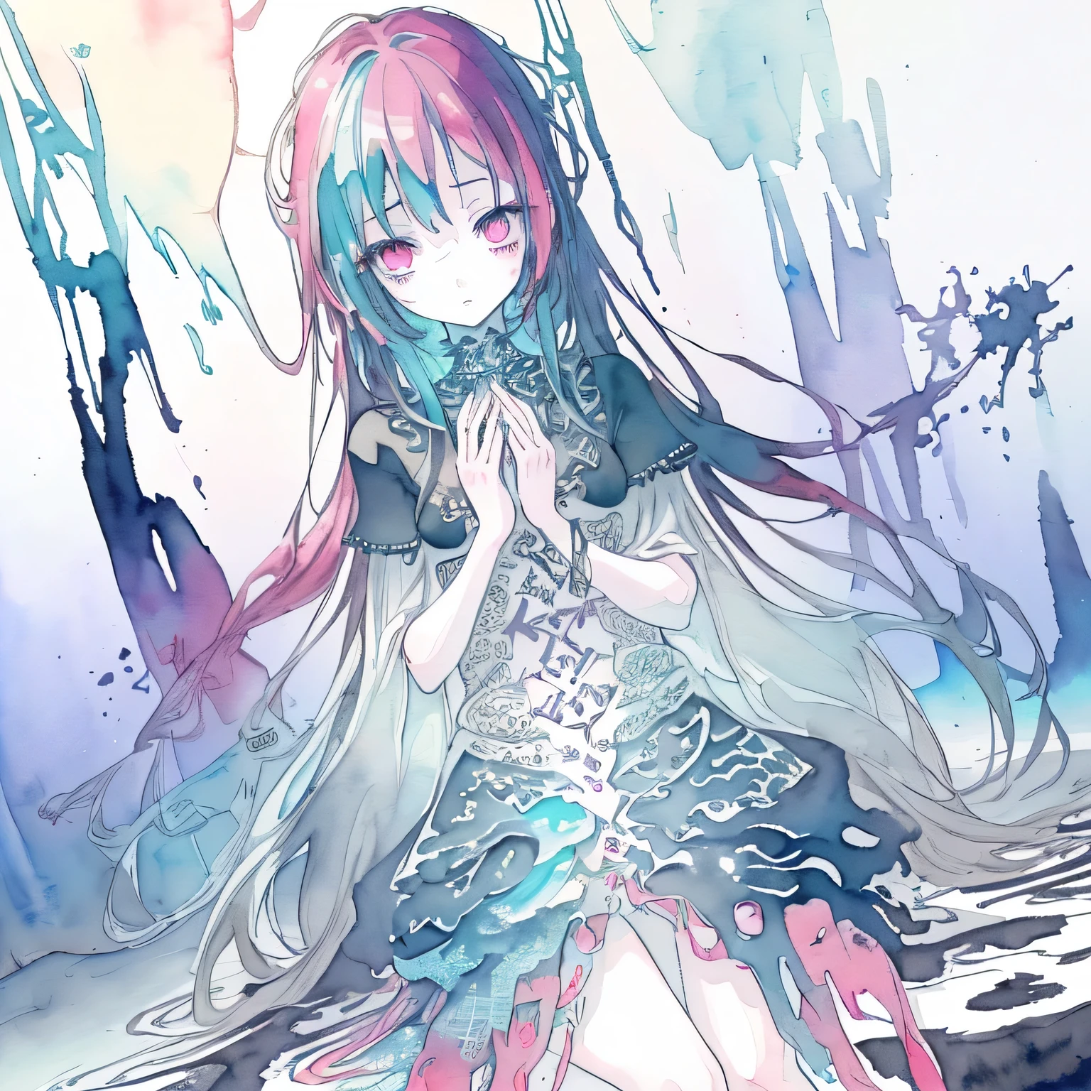 (((Ink and watercolor))),((highest quality)), (masterpiece:1.5), (8k CG wallpaper), (A vast world of lies, False Sky, Real Girls, Abstract: 1.4),(masterpiece:1.3),(fluorescence, Complex, Surreal, Breathtakingly beautiful, can'can't believe it, quiet, Tranquility),(highest quality),(Very detailed, High resolution, Very detailed:1.5), One Girl, Silver Hair, blue eyes, Look to the side, Cool face, kimono, temporary, Ink Painting、Earrings