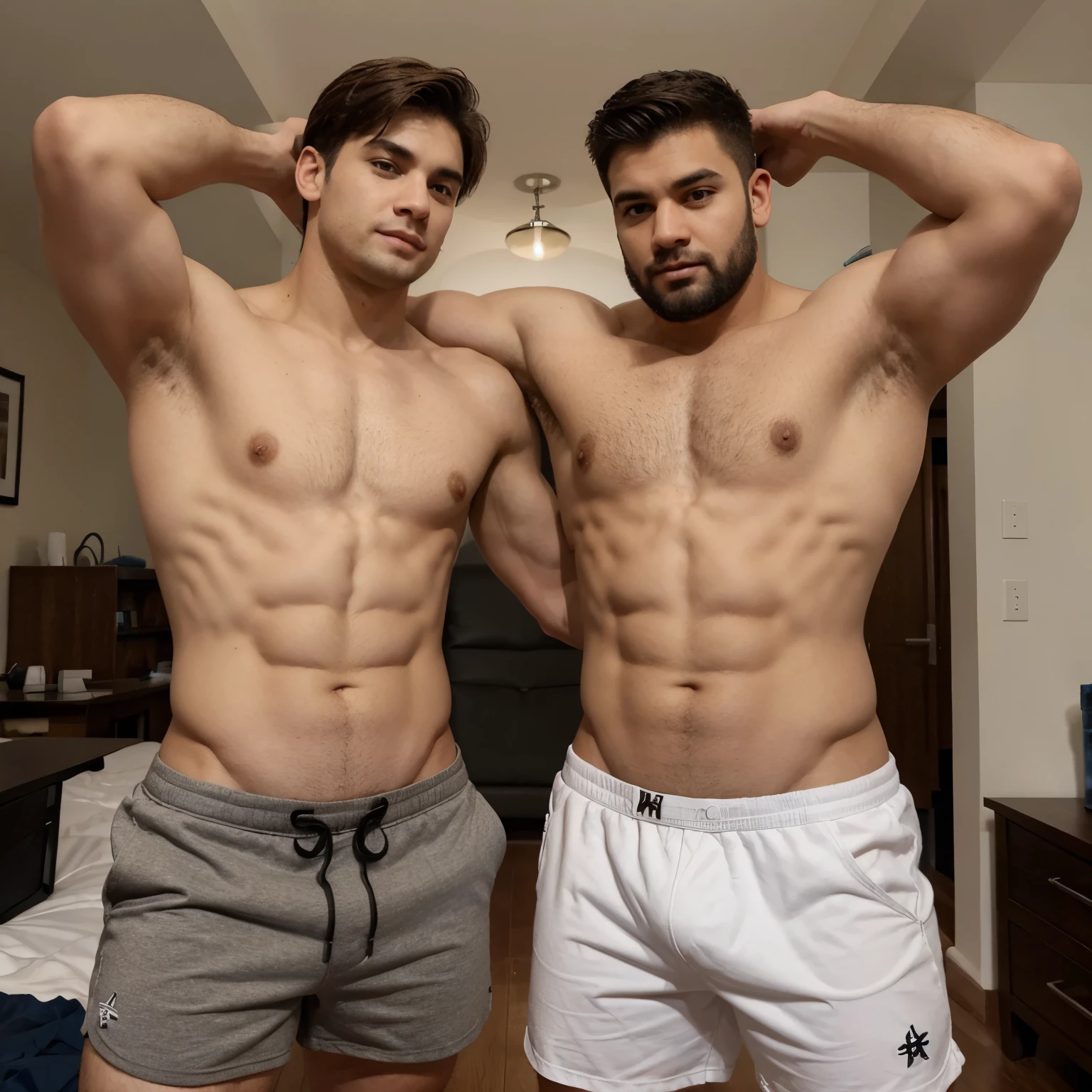 hombre rubio lindo arrodillado ante un hombre grande y musculoso sin remera y con un short corto