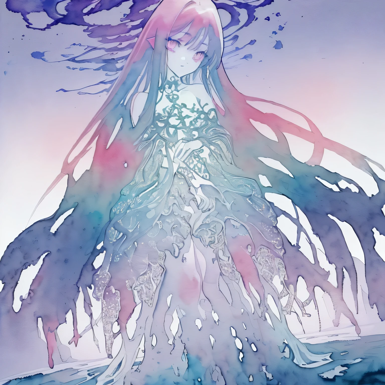 (((Ink and watercolor))),((highest quality)), (masterpiece:1.5), (8k CG wallpaper), (A vast world of lies, False Sky, Real Girls, Abstract: 1.4),(masterpiece:1.3),(fluorescence, Complex, Surreal, Breathtakingly beautiful, can'can't believe it, quiet, Tranquility),(highest quality),(Very detailed, High resolution, Very detailed:1.5), One Girl, Silver Hair, blue eyes, Look to the side, Cool face, kimono, temporary, Ink Painting、Earrings