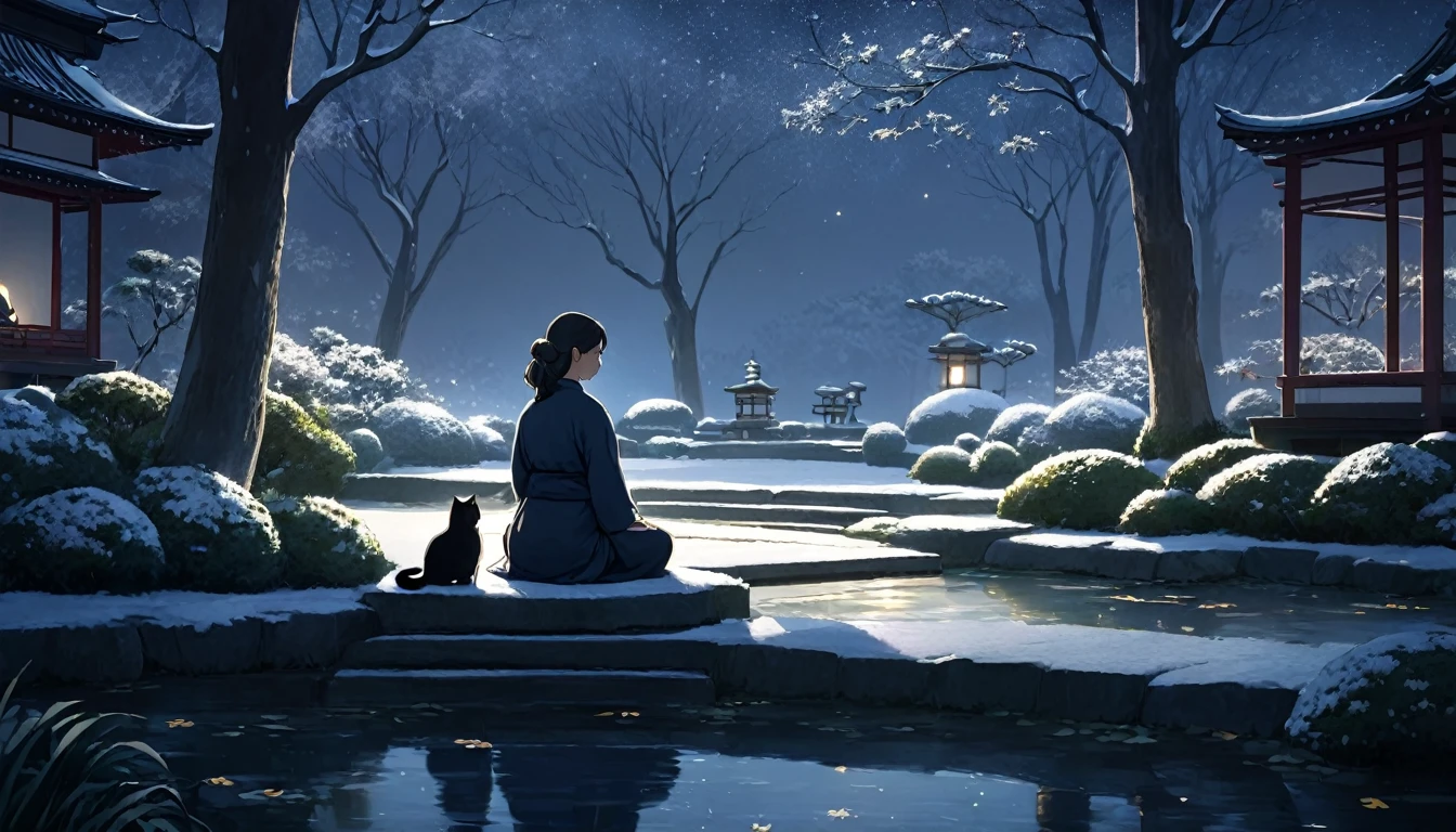 Pessoa oriental meditando cercada de gatos. The setting is a Japanese winter garden, sob a luz do luar. Belo landscape com um jardim de inverno.   night sky. cinematic lighting. Pessoa meditando. meditation 