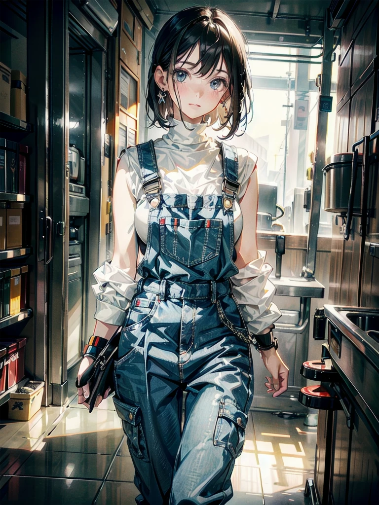 whole body, Mechanic girl, mechanic's overalls, sleeveless, absurdres, RAW photo, extremely delicate and beautiful, masterpiece, Best Quality, ultra high resolution, 32k, hyperrealistic, ultra-detailed, detailed description, pale skin, 20 years old, detailed beautiful face and eyes, tearful mole, earring, Colossal tits, short medium hair, wavy hair,