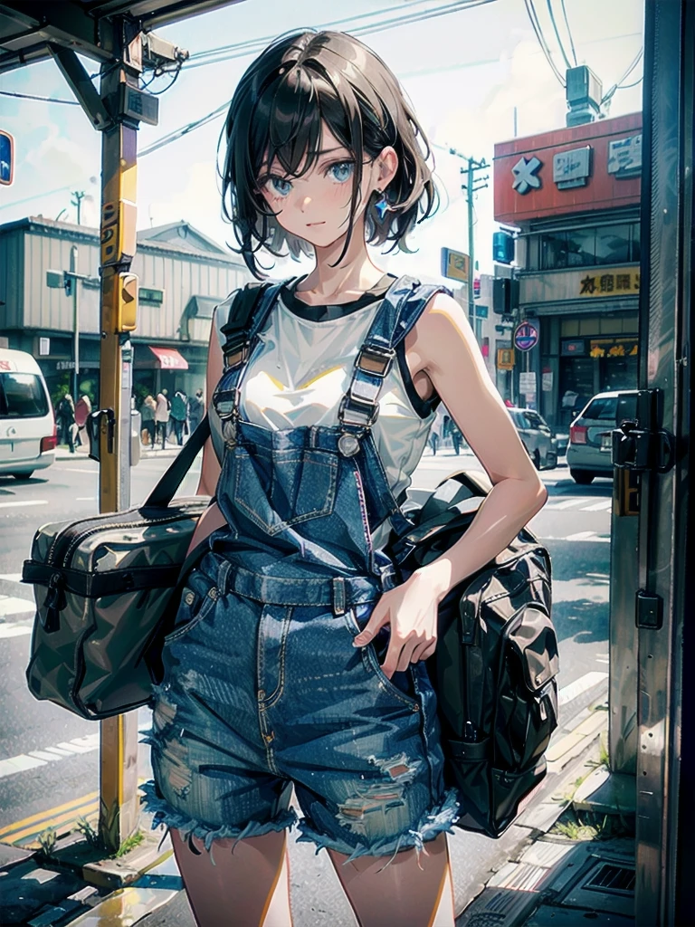 whole body, Mechanic girl, mechanic's overalls, sleeveless, absurdres, RAW photo, extremely delicate and beautiful, masterpiece, Best Quality, ultra high resolution, 32k, hyperrealistic, ultra-detailed, detailed description, pale skin, 20 years old, detailed beautiful face and eyes, tearful mole, earring, Colossal tits, short medium hair, wavy hair,　