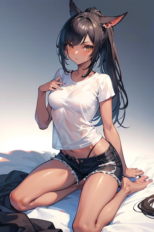 FFXIV Miqo'te with a lithe body, black hair in long ponytail, beautiful face, small breasts and tanned brown skin, wearing a tight t-shirt and short black denim shorts. bare feet, kneeling with back to camera