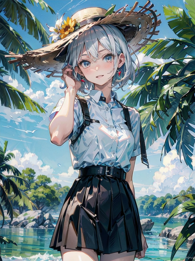 whole body, straw hat, bikini, absurdres, RAW photo, extremely delicate and beautiful, masterpiece, Best Quality, ultra high resolution, 32k, hyperrealistic, ultra-detailed, detailed description, pale skin, 20 years old, detailed beautiful face and eyes, tearful mole, earring, Colossal tits, short medium hair, wavy hair,