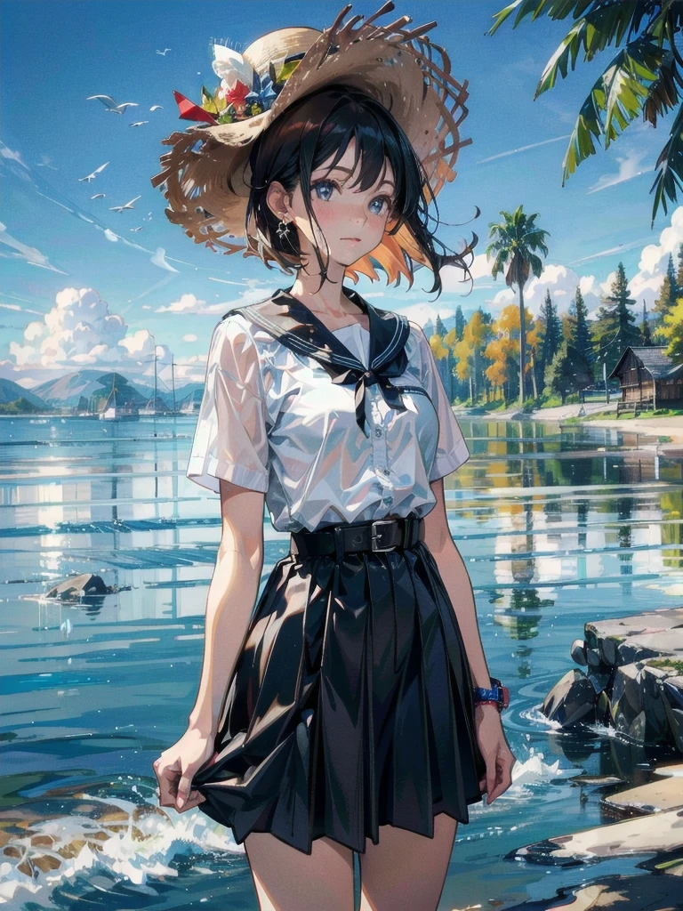 whole body, straw hat, bikini, absurdres, RAW photo, extremely delicate and beautiful, masterpiece, Best Quality, ultra high resolution, 32k, hyperrealistic, ultra-detailed, detailed description, pale skin, 20 years old, detailed beautiful face and eyes, tearful mole, earring, Colossal tits, short medium hair, wavy hair,　