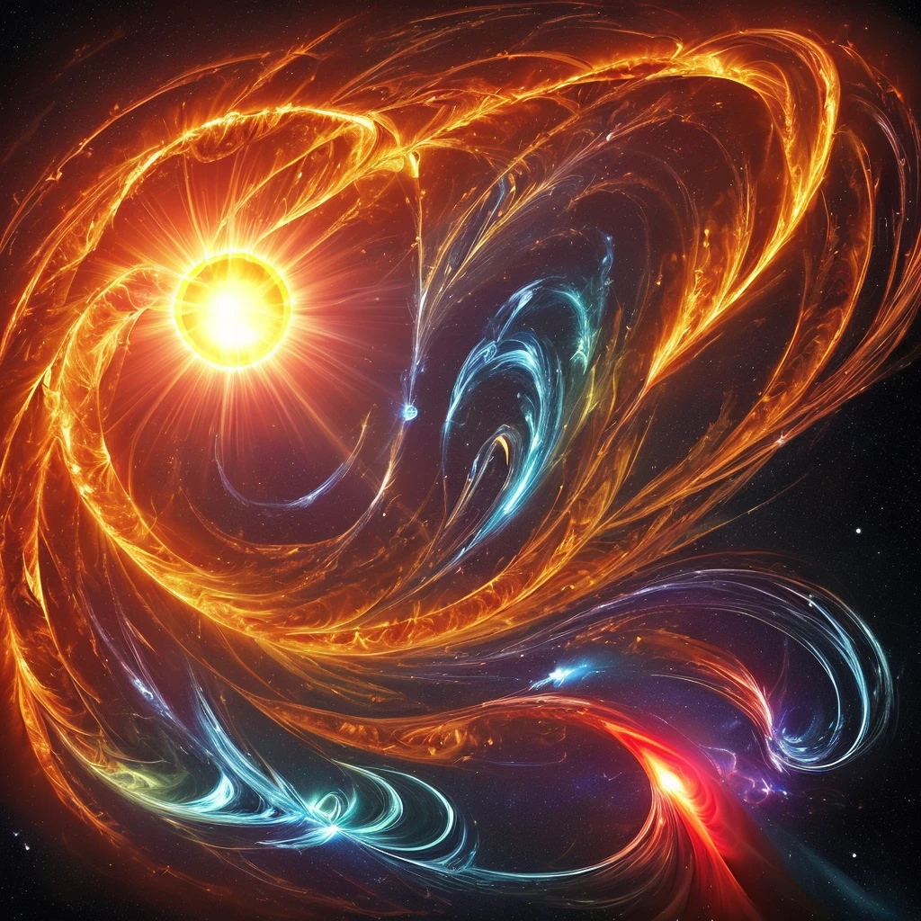 Create an abstract logo for the YouTube channel 'Ventos Solaris.' The logo should combine elements of the sun and stylized wind patterns. Use warm, vibrant colors to represent the energy of the sun, and incorporate flowing lines or abstract shapes to represent the movement of solar winds. The design should be modern and visually striking, capturing the essence of the channel's theme of exploring the universe and solar phenomena. Ensure that the logo is versatile enough to be recognizable at different sizes and formats, including as a channel icon and banner.