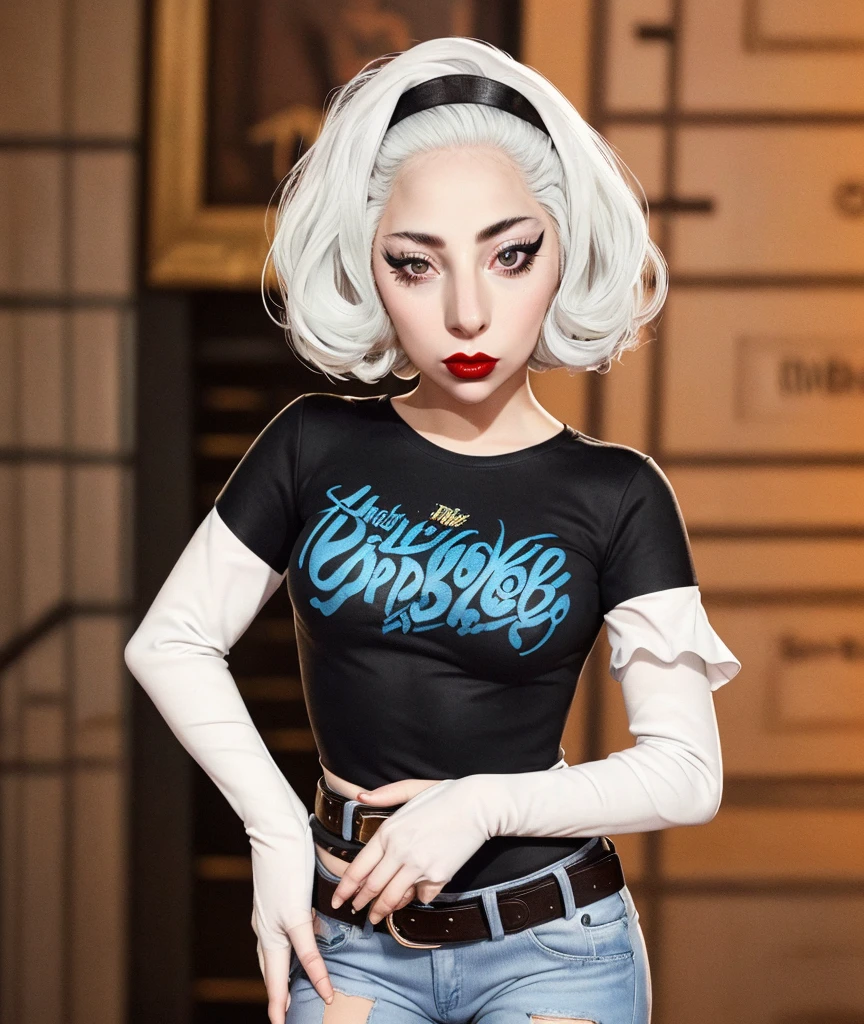 The face of Lady Gaga, 1girl, solo, standing, black t-shirt, white shirt, blue jeans, belt, lipstick, large breasts, layered sleeves