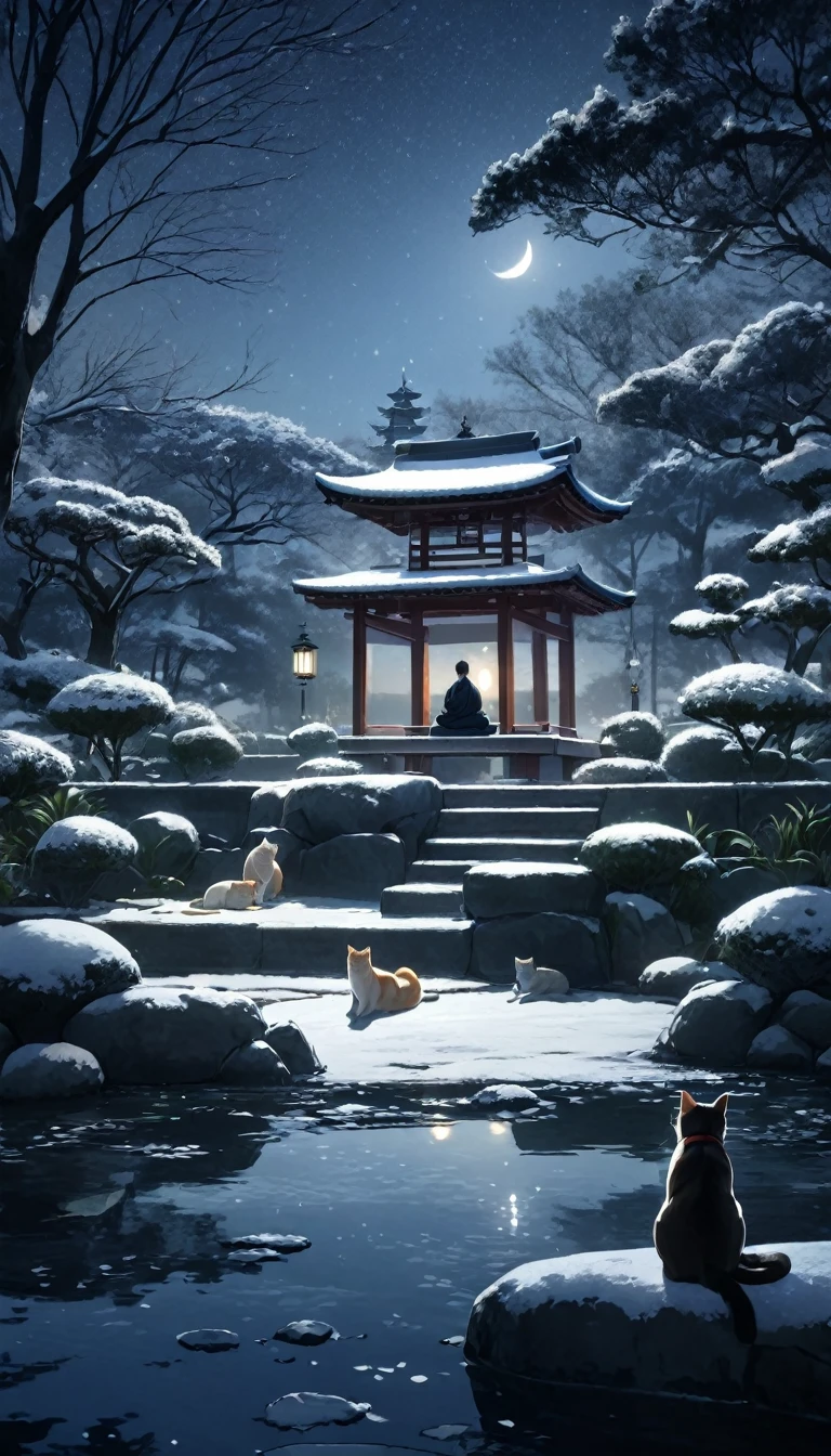 Pessoa oriental meditando cercada de gatos. The setting is a Japanese winter garden, sob a luz do luar. Belo landscape com um jardim de inverno.   night sky. cinematic lighting. Pessoa meditando. meditation 