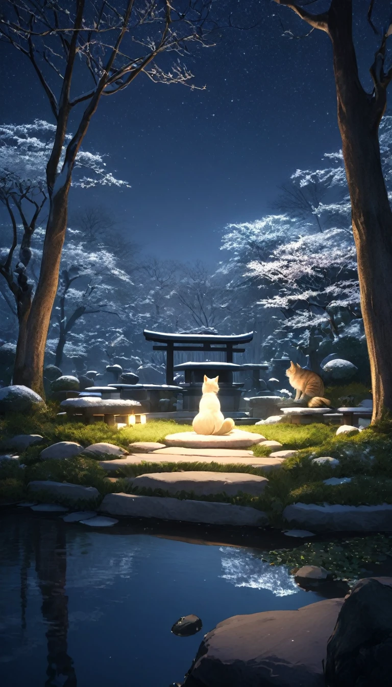 Pessoa oriental meditando cercada de gatos. The setting is a Japanese winter garden, sob a luz do luar. Belo landscape com um jardim de inverno.   night sky. cinematic lighting. Pessoa meditando. meditation 