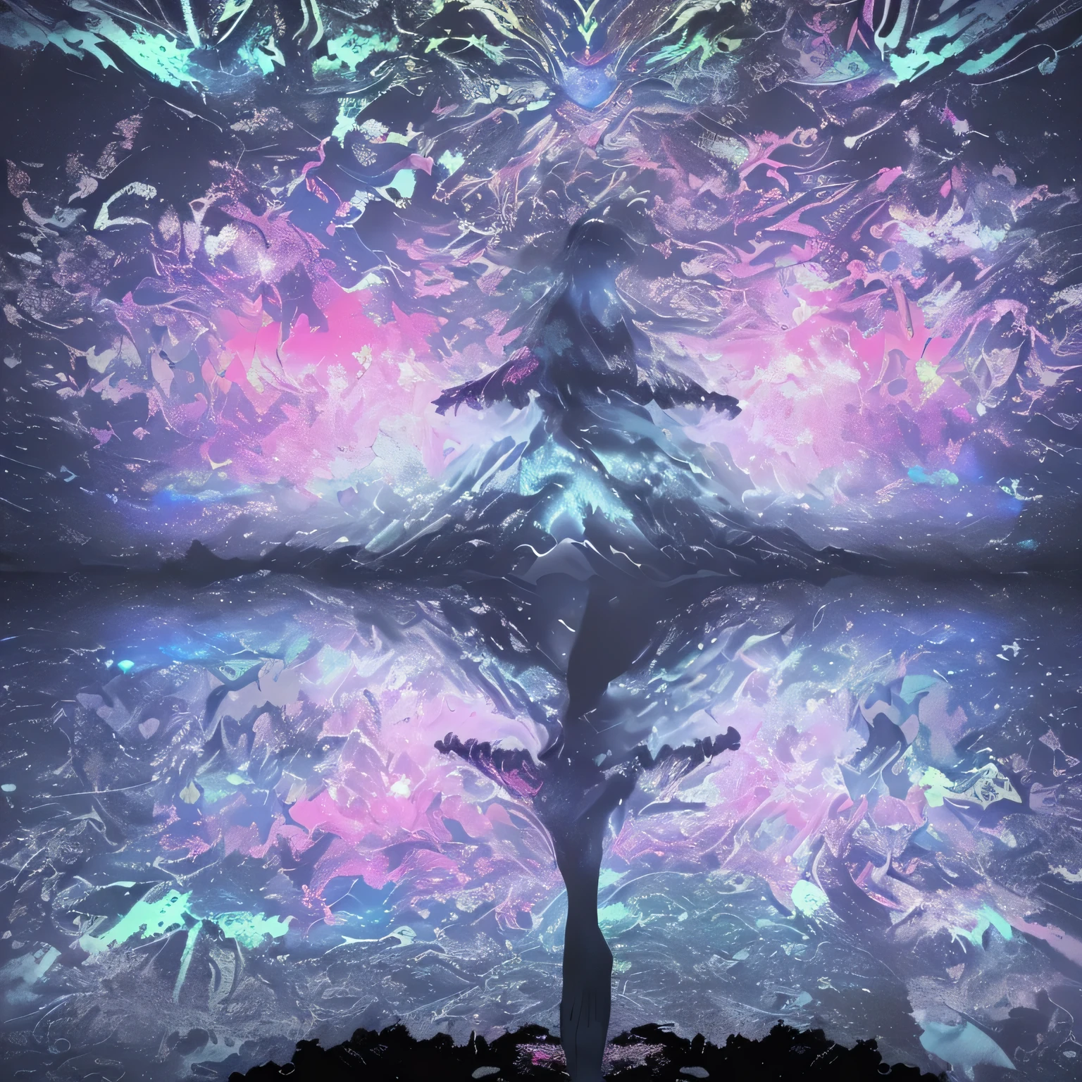 (((ink))),((highest quality)), (masterpiece:1.5), (8k CG wallpaper), (A vast world of lies, False Sky, Real Girls, Abstract: 1.4),(masterpiece:1.3),(fluorescence, Complex, Surreal, Breathtakingly beautiful, can&#39;can&#39;t believe it, quiet, Tranquility),(highest quality),(Very detailed, High resolution, Very detailed:1.5), One Girl, Silver Hair, blue eyes, Look to the side, Cool face, kimono, temporary, Watercolor painting、Earringonochrome