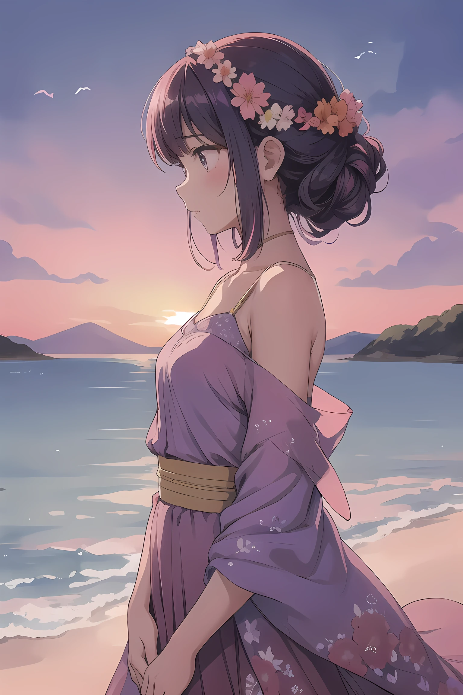 A watercolor painting of a woman's profile. Within her silhouette, there's a vivid landscape depicted. The sky is painted in hues of pink, purple, and blue, with birds flying. A sunset or sunrise is visible, casting a golden hue over a field. The woman's hair is adorned with flowers, and her neck and shoulders are covered in a dense floral pattern. The entire composition gives a sense of unity between nature and humanity.