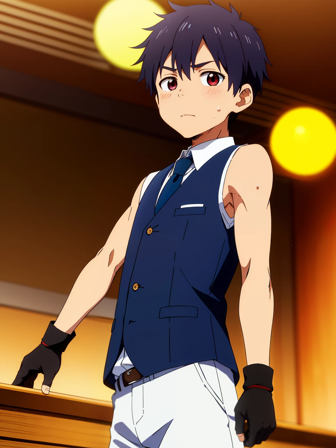 Highres, Masterpiece, Best quality at best,Best Quality,hight quality, hight detailed, 1boy, Boy,Straight hair, hair that looks neat, Shota, Sweat, Sleeveless vest, Tie, Glove, Depth of field, Anime screencap style, thin line, Seen from the front, Little sweat, hansome, Cute boy, (very small and short stature), (very young boy), 12-year-old boys, Blurry and simple beckground, bokeh, Uhd