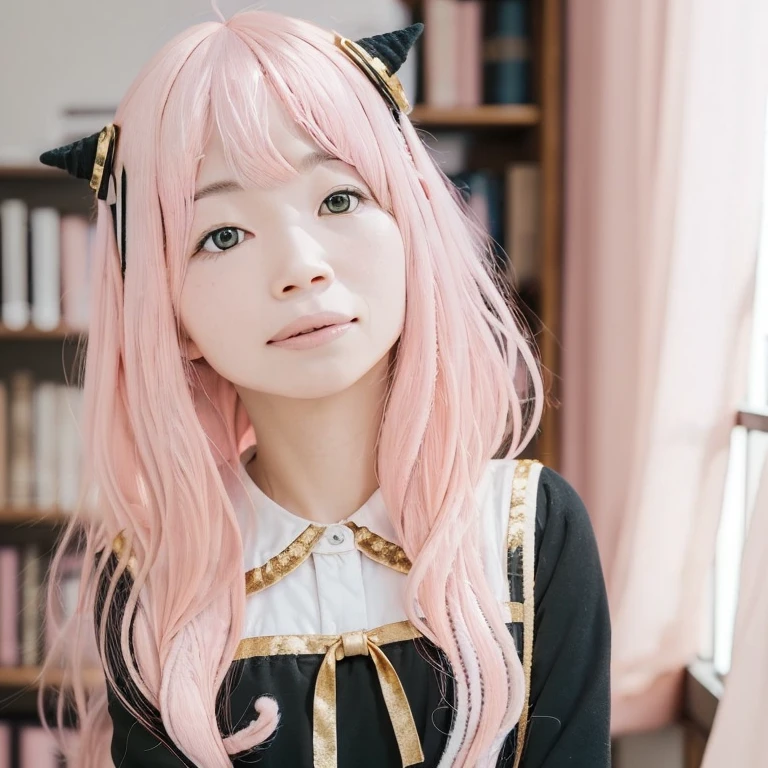 highest quality, High resolution, Photorealistic, 1 girl, alone,(Anya Forger:1.5),Happy,(Long Hair), (Light pink hair:1.8), (Hair accessories like horns), (Kayoko_Okubo), Long Bangs, Lips parted,((Black dress with gold sleeves)), (Long sleeve uniform),White shirt,(Red bow tie), elegant hair, Floating Hair, beautiful sunlight, Detailed aspect, Background libraries, Library Window, Detailed Background, Detailed Sky, sunlight, whole body, Atmospheric perspective,