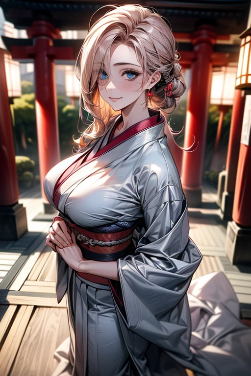 (masterpiece, best quality:1.2), (high resolution, 8K RAW photo, photo realistics, clear focus), (natural lighting, textile shading), pov, solo focus, full body, 1 matured woman, 28 years old, (milf:1.5), raised sexy, New Year's visit, put your hand together, praying for future, smile, light Purple hair, medium long hair, hair over one eye, asymmetric hair, half updo hair, wavy hair, blue eyes, japanese clothes, kimono, at ZEN garden in Japanese temple, in front of torii gate, in spring,depth of field, bokeh, dynamic angle, from side above, (correct anatomy, ideal ratio of body proportions), in a night, under starry sky,