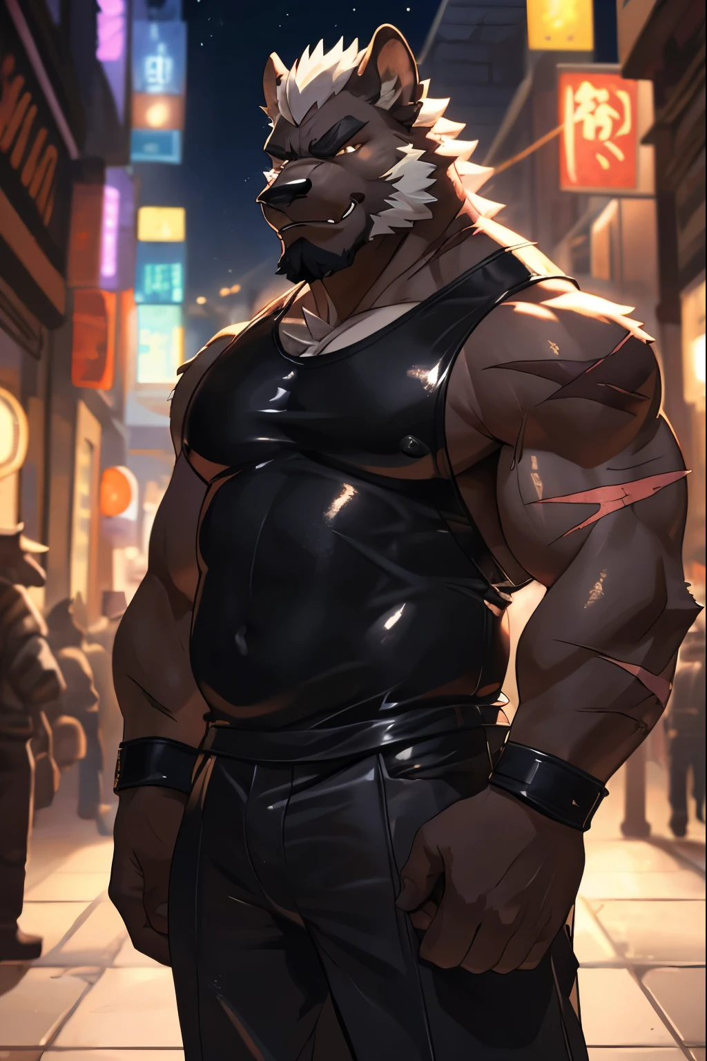 Masterpieces, furry, male, kinky, Anthropomorphic, full body, old age, rugged, gnoll, by nullghost, proper fit body type, Delicate eyes, white goatee, white fur, glistening body, biker, thug, ebony skin, depth of field, warm lighting, bright lighting, (best quality),(masterpiece),(ultra detailed), sharp focus, night city background, fierce look, evil grins, scars, glossy, oiled up skin, black trousers, tight latex tanktop