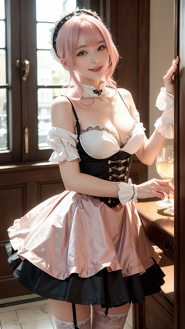 Browsing Caution，(Very delicate，highest quality、8k），(Man and mature woman having sex)，Big Breasts，lure，Full make-up，smile，blush，Pink Gold Haired Maid ，Gothic Maid，Skirt Lift，Garter Stockings，Luxurious interior，