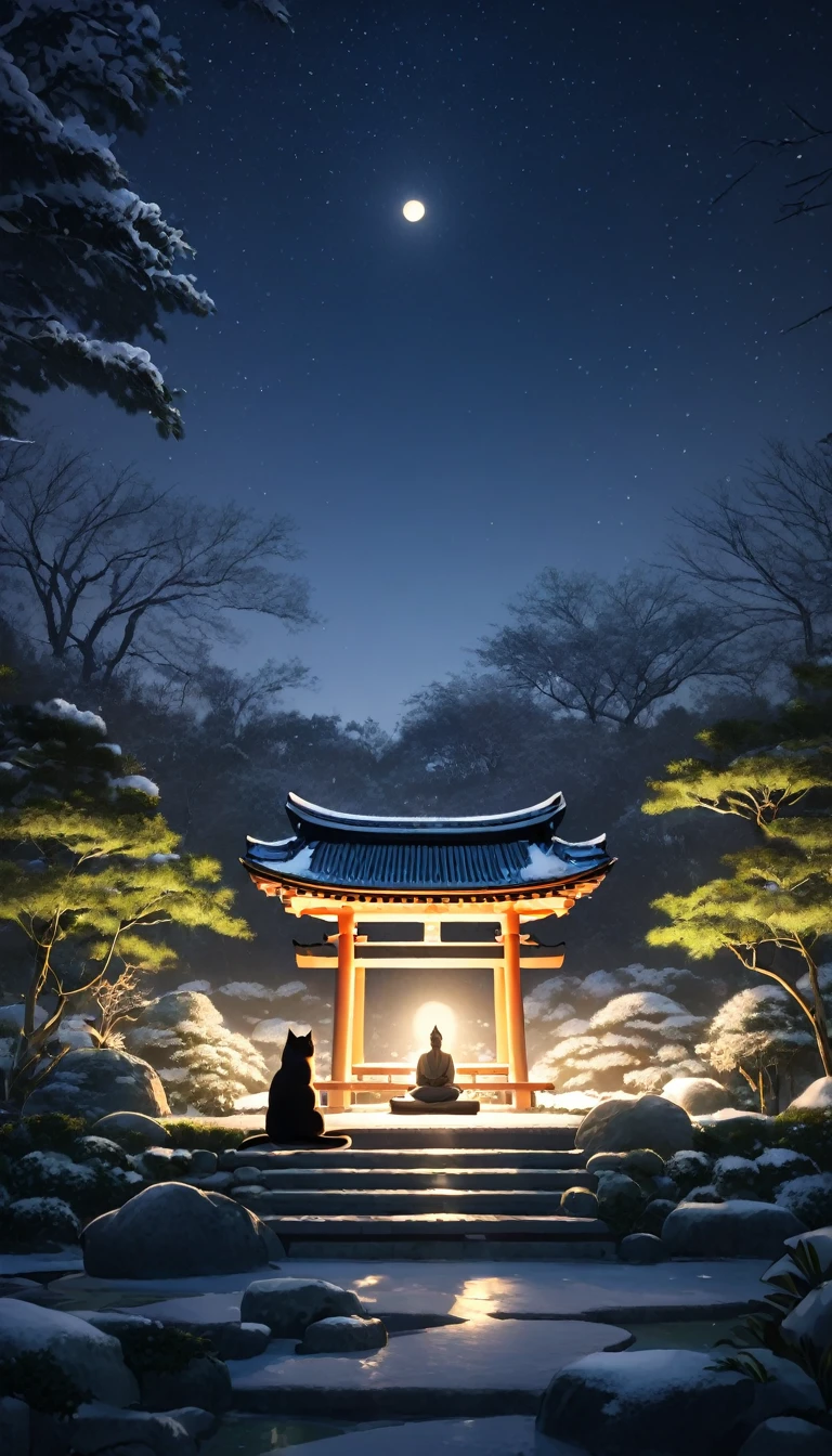 Pessoa oriental meditando cercada de gatos. The setting is a Japanese winter garden, sob a luz do luar. Belo landscape com um jardim de inverno.   night sky. cinematic lighting. Pessoa meditando. meditation 