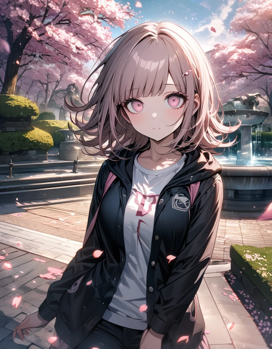 Ultra detailed, Highres, absurdres, HDR, Nanami Chiaki, pale pink hair, blossom pink eyes, black jacket with a hoddie, Danganronpa, pink flowers, petals, woman, extremely beautiful, solo, very detailed eyes and face, cherry blossoms, pink butterflies, white t-shirt, master piece, park, fountain,