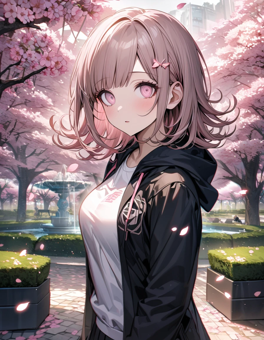 Ultra detailed, Highres, absurdres, HDR, Nanami Chiaki, pale pink hair, blossom pink eyes, black jacket with a hoddie, Danganronpa, pink flowers, petals, woman, extremely beautiful, solo, very detailed eyes and face, cherry blossoms, pink butterflies, white t-shirt, master piece, park, fountain,