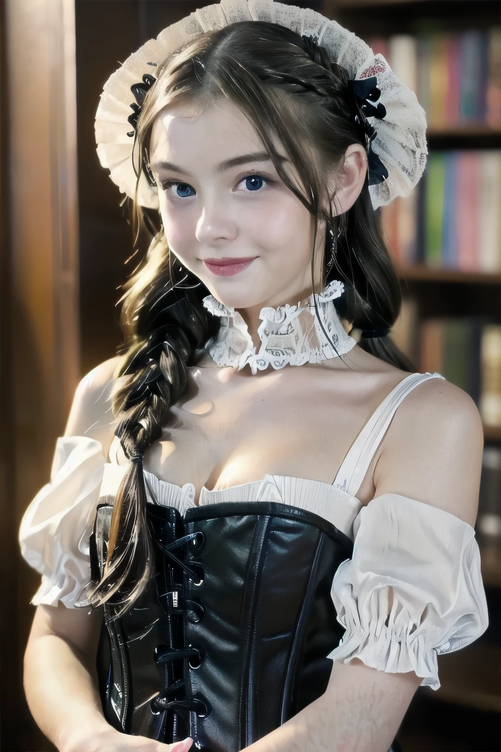 ((detailed、highest quality、8k、masterpiece:1.3))、One Woman、smile、(Brown Hair:1.2)、Beautiful Ukrainian woman:1.3、(Casual Hairstyles、Small breasts:1.2)、in house、Super detailed Face、detailedな目、double eyelid、(Gothic ta:1.2)、(White Tight Corset:1.2)、library、From below、(((14 y(((Beautiful Skin)))