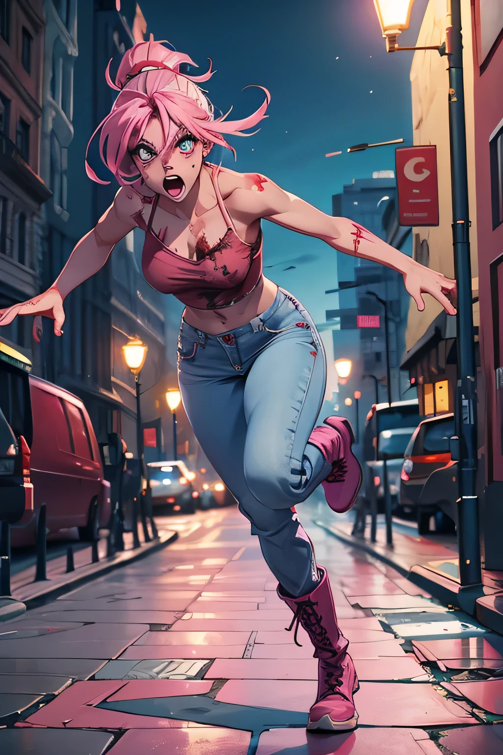 female full zombie. pink skin, zombie skin, vivid, full body, flesh falling off, night background city blood, gore, jeans, , boots, hd running pose