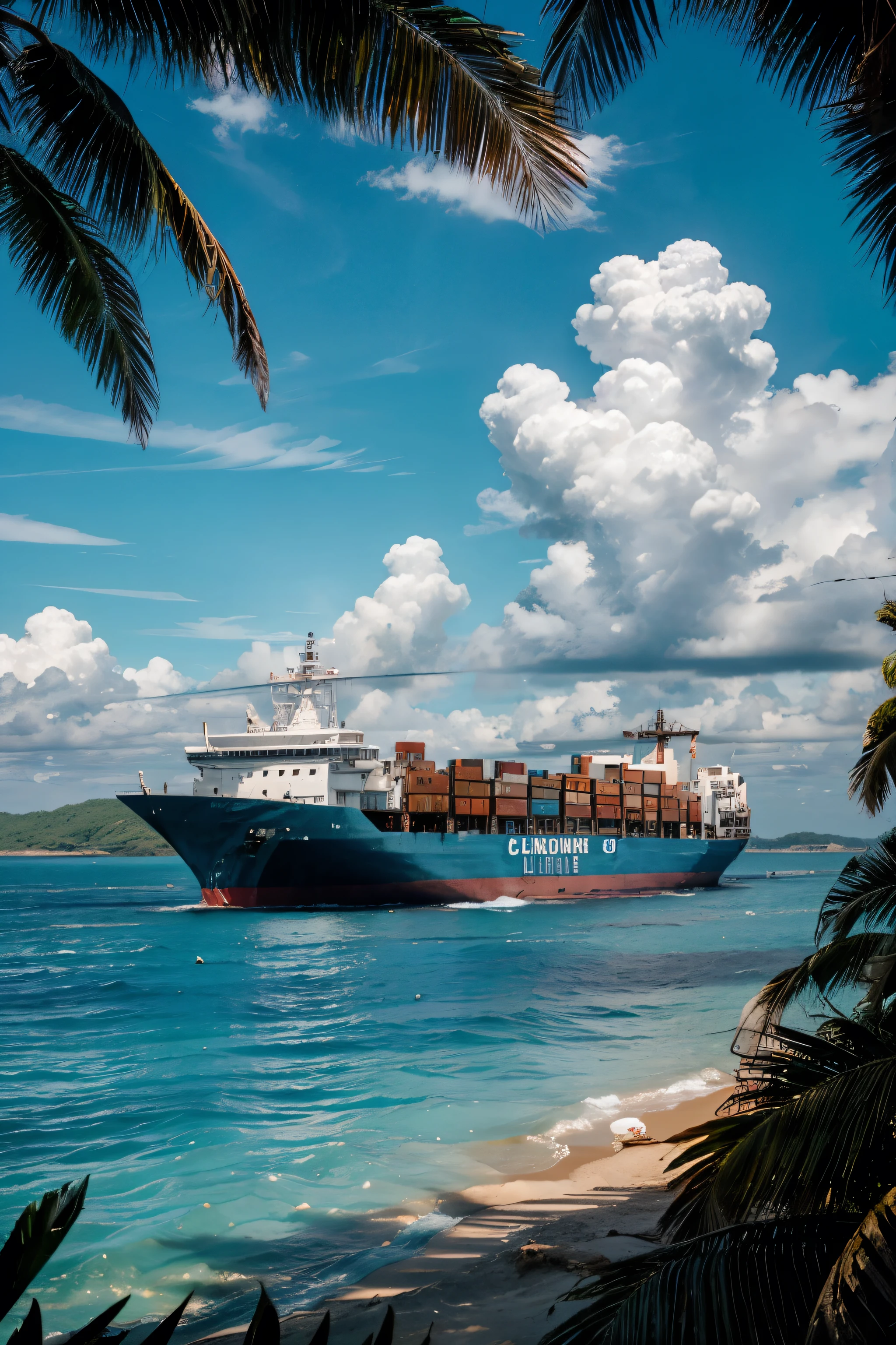 Container ship on the open sea, turquoise blue sea, blue sky, boat loaded with coconut palms and sand