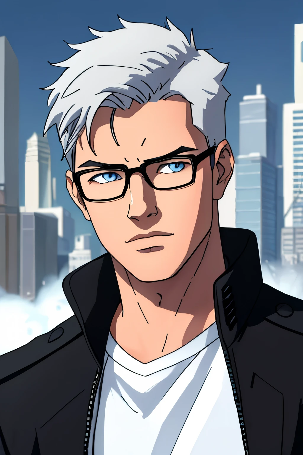 Masterpiece, Best Quality, Ultra-Detailed, 1boy, young, 19 years old, handsome, white hair, grayish hair, short hair, blue eyes, glasses, black clothes, black jacket, leather jacket, city background, looking at the viewer