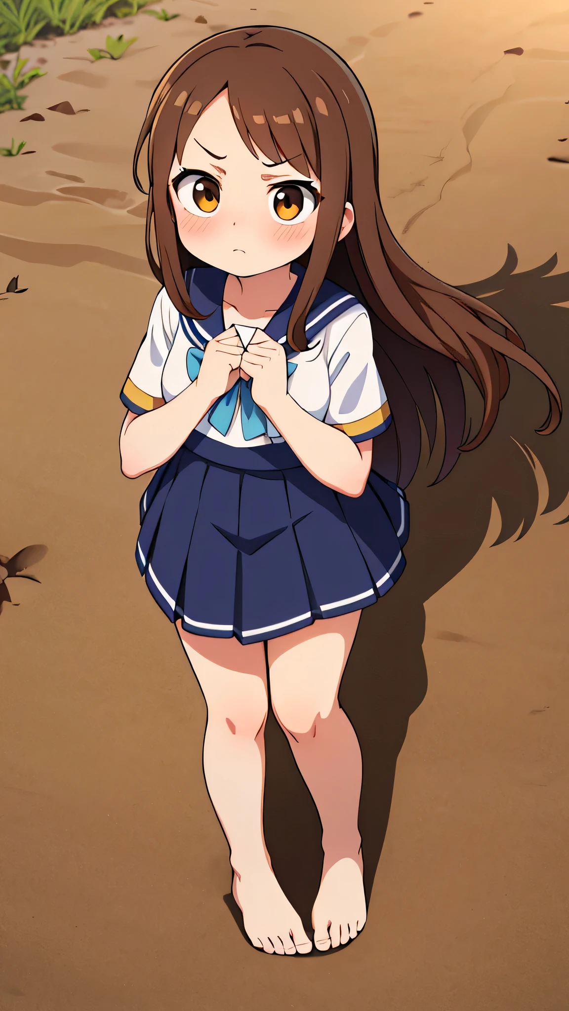 masterpiece, highest quality, Superb, Fine, anime, Bangs, Hime cut, whole body, girl, Tall people, From above, Festivals, From above, Brown Hair, Woman with an angry face, Woman with blushing cheeks, barefoot, Short sleeve, Mud paths, Sandy road, Forehead, Long Hair, Sailor suit, Inner thighs, Skirt with both hands
