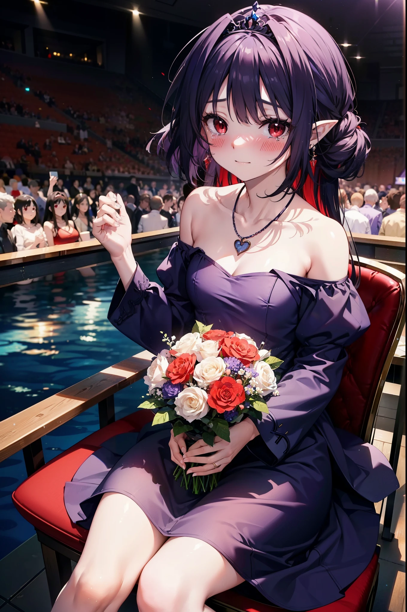 yuukikonno, Yuki Konno,Long Hair, tiara,Pointy Ears, Purple Hair, (Red eyes:1.5), (Small breasts:1.2), smile,Purple Dress,Purple long skirt,purple stiletto heels,No sleeve,Expose your shoulders,Bare arms,Bare neck,bare clavicle,She is sitting in a chair holding a large bouquet of flowers in both hands.,There is a big cake on the table,Heart Necklace,Tears stream down her face,Tears of joy,I cry a lot,whole bodyがイラストに入るように,
break indoors, Party Venue,on stage,
break looking at viewer, whole body,
break (masterpiece:1.2), highest quality, High resolution, unity 8k wallpaper, (shape:0.8), (Beautiful details:1.6), Highly detailed face, Perfect lighting, Highly detailed CG, (Perfect hands, Perfect Anatomy),