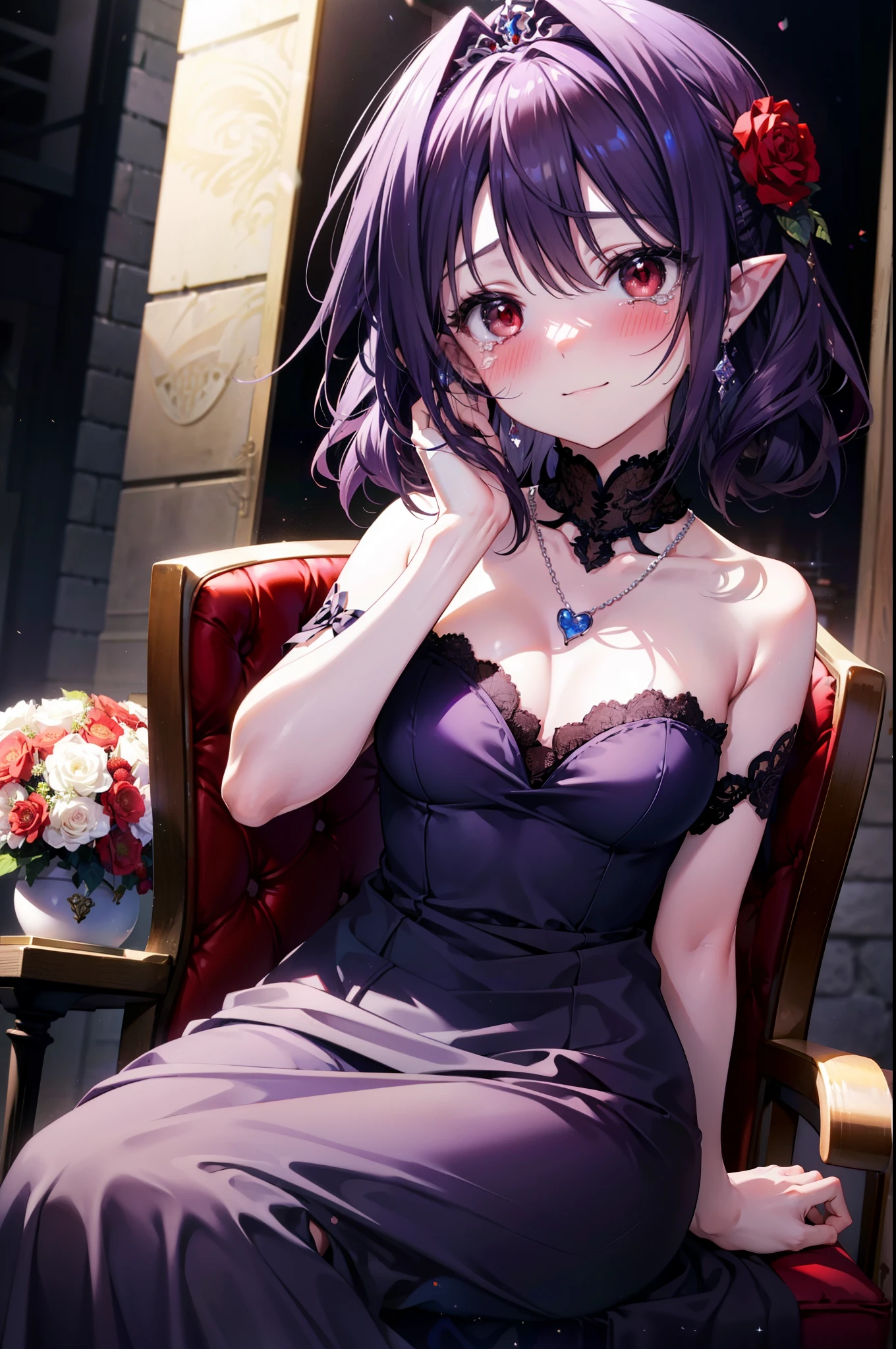 yuukikonno, Yuki Konno,Long Hair, tiara,Pointy Ears, Purple Hair, (Red eyes:1.5), (Small breasts:1.2), smile,Purple Dress,Purple long skirt,purple stiletto heels,No sleeve,Expose your shoulders,Bare arms,Bare neck,bare clavicle,She is sitting in a chair holding a large bouquet of flowers in both hands.,There is a big cake on the table,Heart Necklace,Tears stream down her face,Tears of joy,I cry a lot,whole bodyがイラストに入るように,
break indoors, Party Venue,on stage,
break looking at viewer, whole body,
break (masterpiece:1.2), highest quality, High resolution, unity 8k wallpaper, (shape:0.8), (Beautiful details:1.6), Highly detailed face, Perfect lighting, Highly detailed CG, (Perfect hands, Perfect Anatomy),