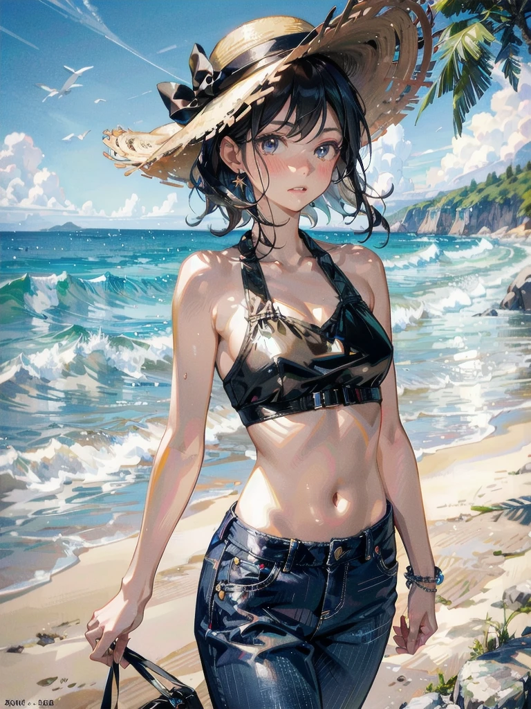 whole body, straw hat, Short-pants-bikini, absurdres, RAW photo, extremely delicate and beautiful, masterpiece, Best Quality, ultra high resolution, 32k, hyperrealistic, ultra-detailed, detailed description, pale skin, 20 years old, detailed beautiful face and eyes, tearful mole, earring, Colossal tits, short medium hair, wavy hair,　