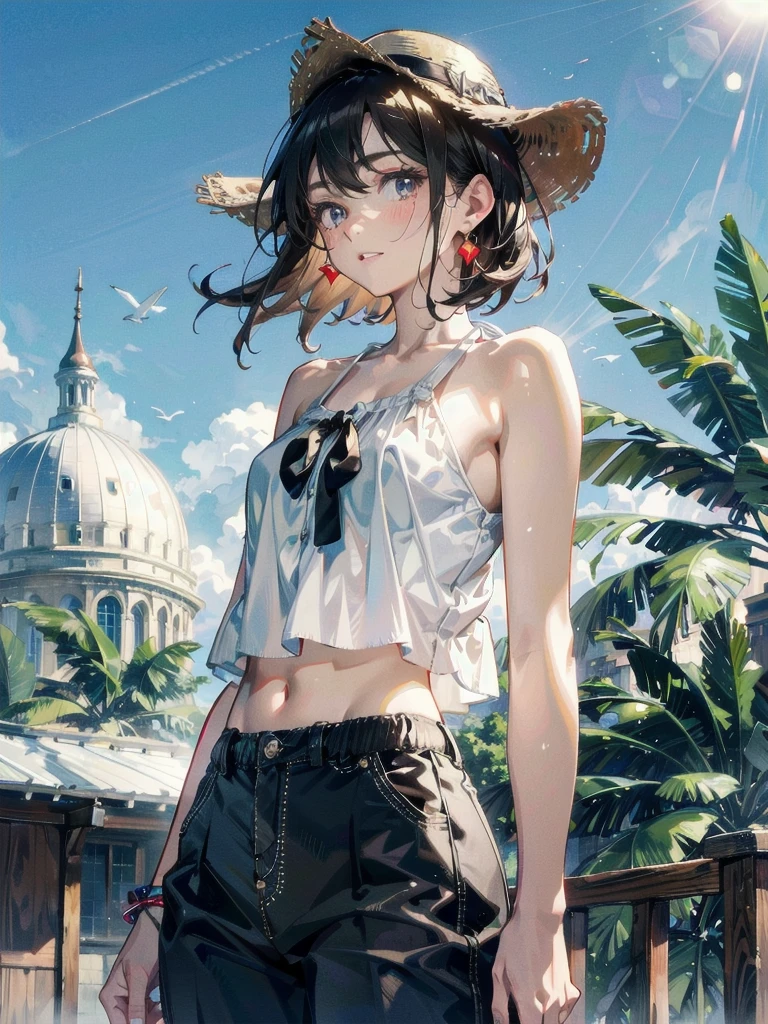 whole body, straw hat, Short-pants-bikini, absurdres, RAW photo, extremely delicate and beautiful, masterpiece, Best Quality, ultra high resolution, 32k, hyperrealistic, ultra-detailed, detailed description, pale skin, 20 years old, detailed beautiful face and eyes, tearful mole, earring, Colossal tits, short medium hair, wavy hair,