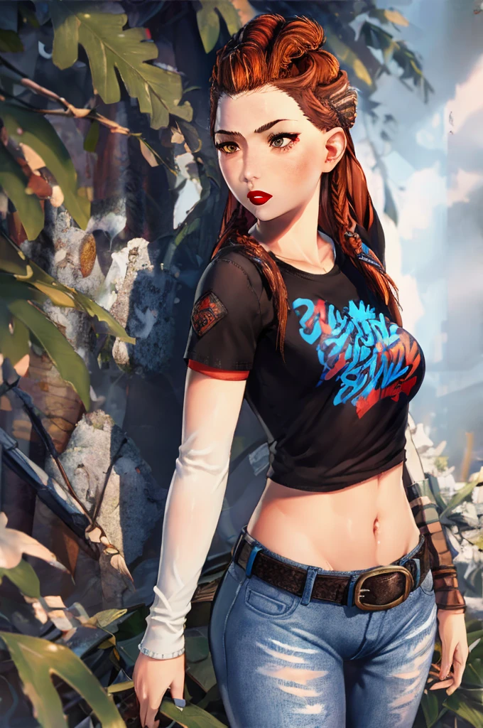 Aloy , 1girl, solo, standing, black t-shirt, white shirt, blue jeans, belt, lipstick, large breasts, layered sleeves