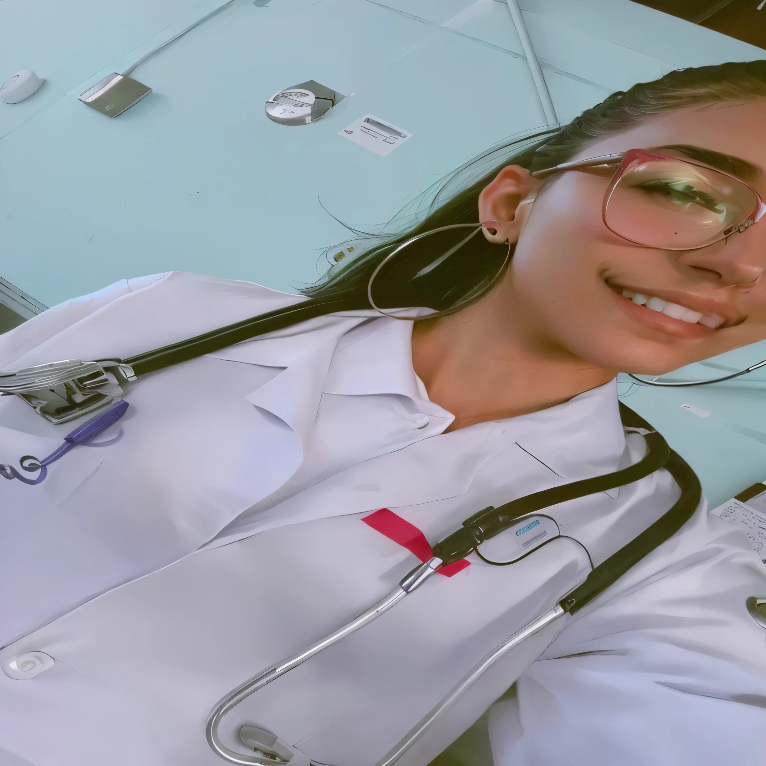 there is a woman in a white coat and glasses, vestindo jaleco and glasses, vestindo jaleco and a blouse, with a Stethoscope, Stethoscope!, com um jaleco, Vestindo um jaleco, vestindo jaleco, vestindo um jaleco, Doutor, Enfermeira girl, vestindo um jaleco branco, jaleco e camiseta, Enfermeira, medical Doutor