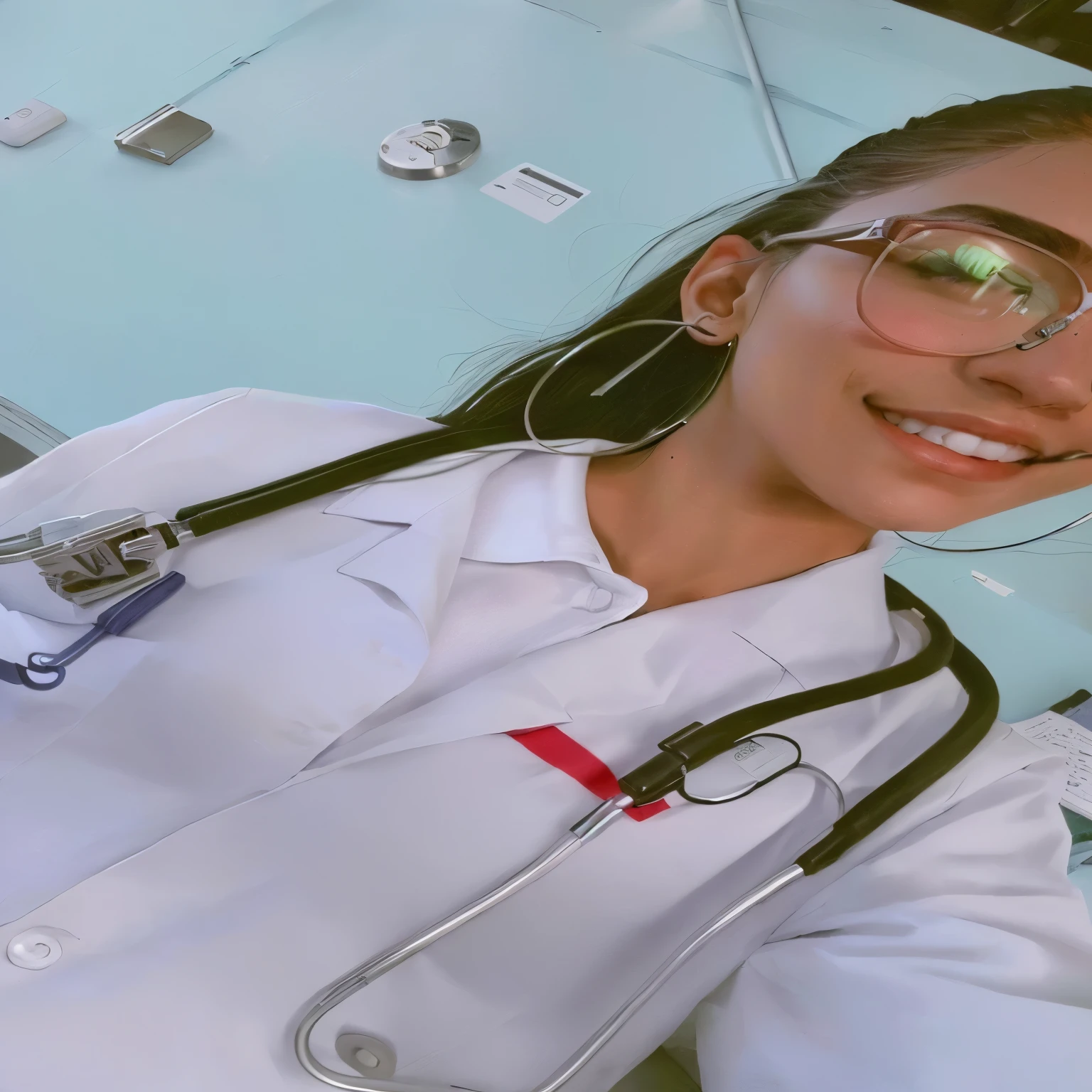 there is a woman in a white coat and glasses, vestindo jaleco and glasses, vestindo jaleco and a blouse, with a Stethoscope, Stethoscope!, com um jaleco, Vestindo um jaleco, vestindo jaleco, vestindo um jaleco, Doutor, Enfermeira girl, vestindo um jaleco branco, jaleco e camiseta, Enfermeira, medical Doutor