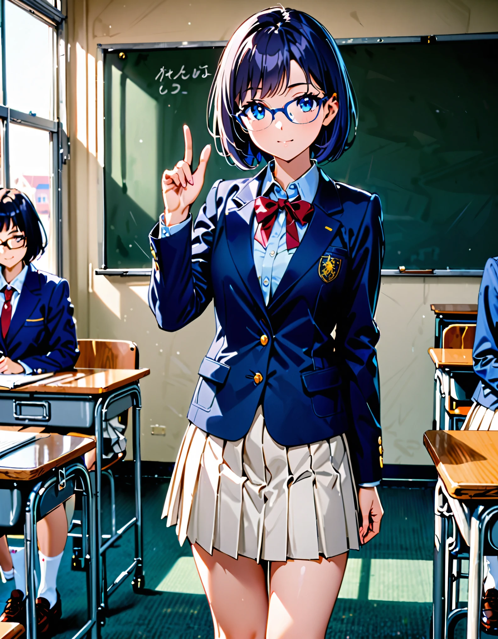 masterpiece, best quality, 1girl, solo, solo focus, brown shoes, matching shoes, white socks, matching socks, (blazer, blue blazer), (white skirt, pleated skirt, miniskirt), glasses (high school girl), standing, standing straight, school backdrop, dark blue hair, (short hair, bob hair), blue eyes, beautiful detailed eyes, beautiful detailed face, cute face, perfect hands, complete fingers, perfect anatomy, perfect proportions, relaxed, full body, cowboy shot, classroom.