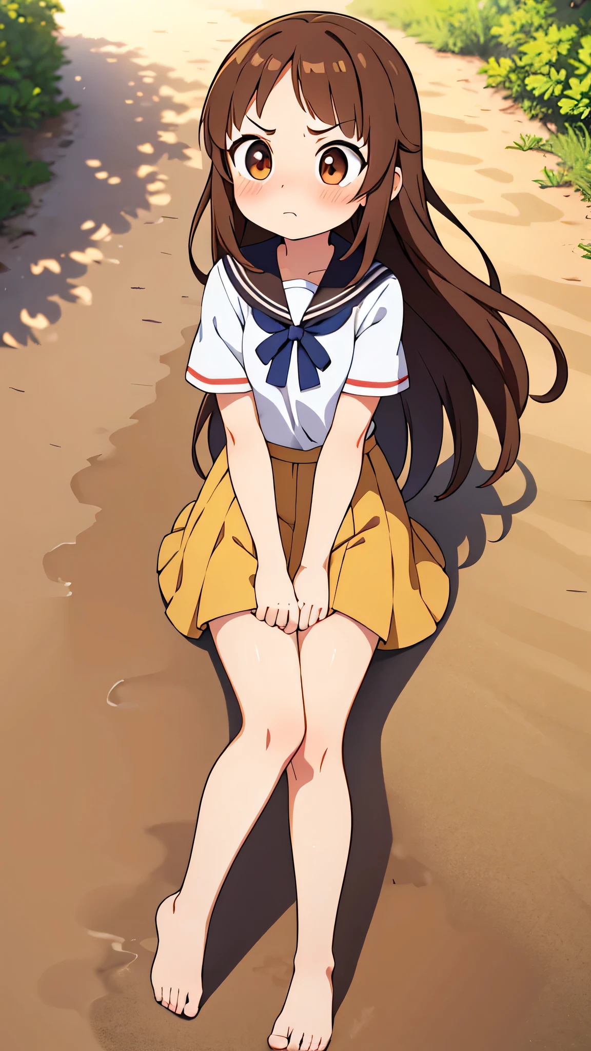 masterpiece, highest quality, Superb, Fine, anime, Bangs, Hime cut, whole body, girl, Tall people, From above, Festivals, Brown Hair, Woman with an angry face, Woman with blushing cheeks, barefoot, Short sleeve, Mud paths, Sandy road, Forehead, Long Hair, Sailor suit, Inner thighs, Skirt with both hands