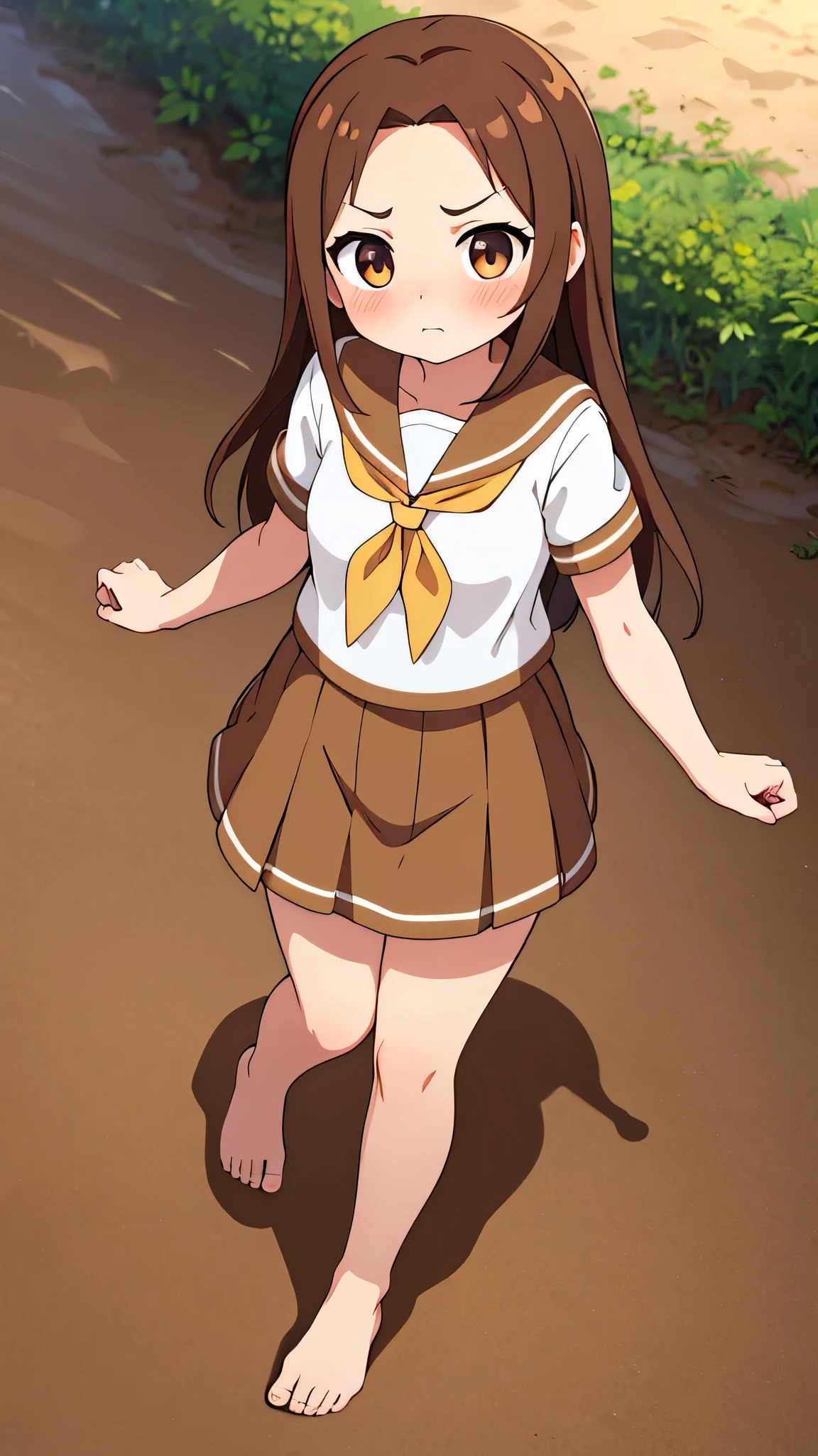 masterpiece, highest quality, Superb, Fine, anime, Bangs, Hime cut, whole body, girl, Tall people, From above, Festivals, Brown Hair, Woman with an angry face, Woman with blushing cheeks, barefoot, Short sleeve, Mud paths, Sandy road, Forehead, Long Hair, Sailor suit, Inner thighs, Skirt with both hands