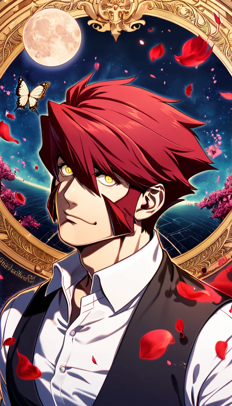 absurdres, highres, ultra detailed, HDR, master piece, best quality, extremely detailed face and eyes, Klaus Von Reinhertz, red hair, expressive yellow eyes, Kekkai Sensen, solo, sexy man, handsome, white shirt, black vest, moon, butterflies, petals