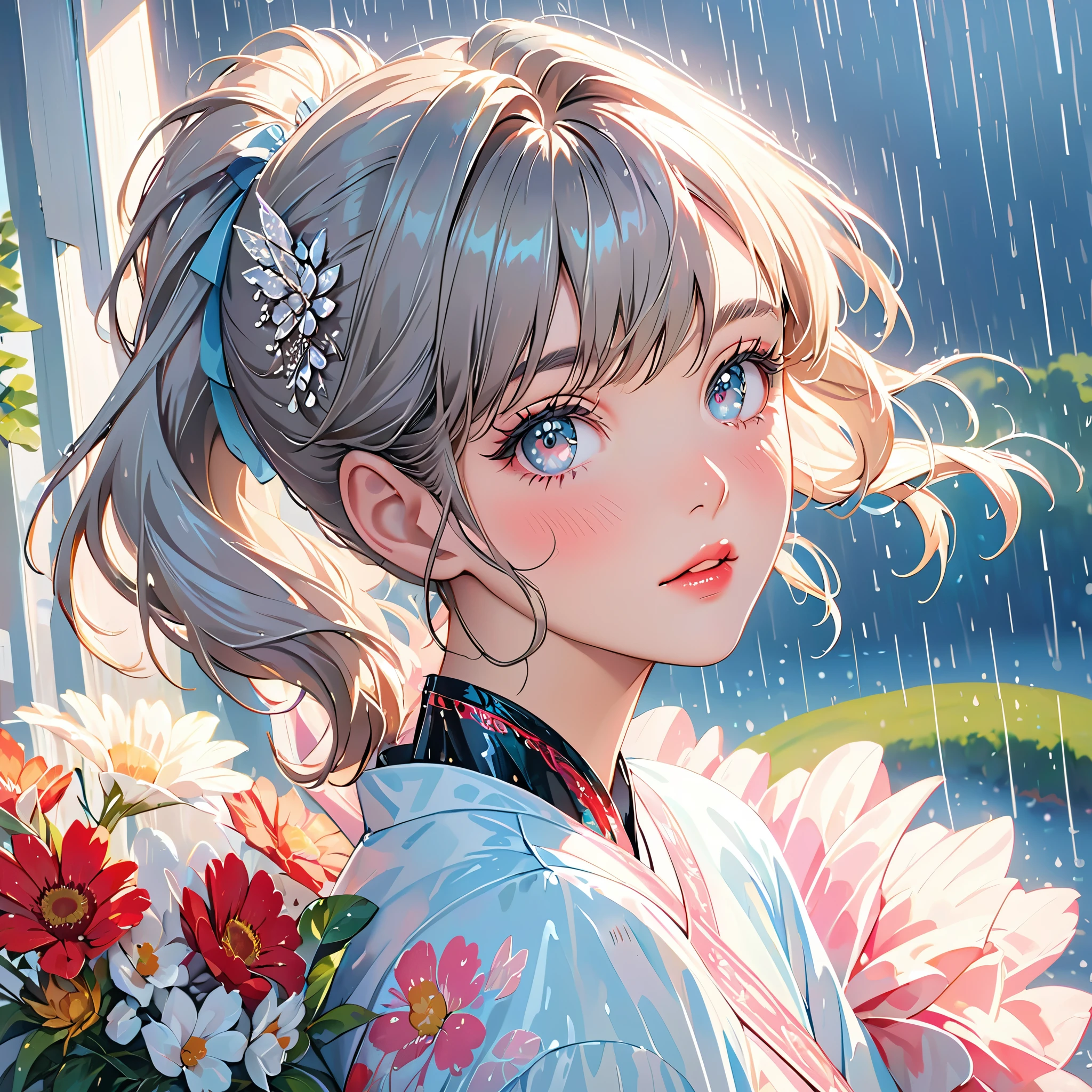 best quality, highres, ultra-detailed, realistic:1.37, vibrant colors, portrait, soft lighting, long eyelashes, sparkling eyes, glossy lips, detailed skin, retro pattern, pastel colors, dreamy atmosphere, elegant pose, nostalgic vibes, glittering highlights, flawless complexion, 80s style fashion, retro hairdo, pink blush, delicate features, diamond-like eyes,((rain squall:1.5)),