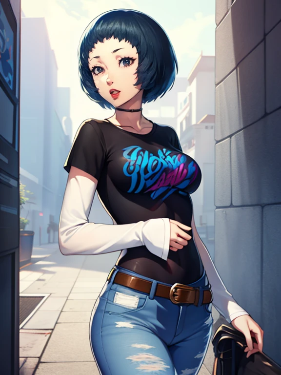 fuukap3, short hair ,glossy lips ,blue hair , 1girl, solo, standing, black t-shirt, white shirt, blue jeans, belt, lipstick, large breasts, layered sleeves