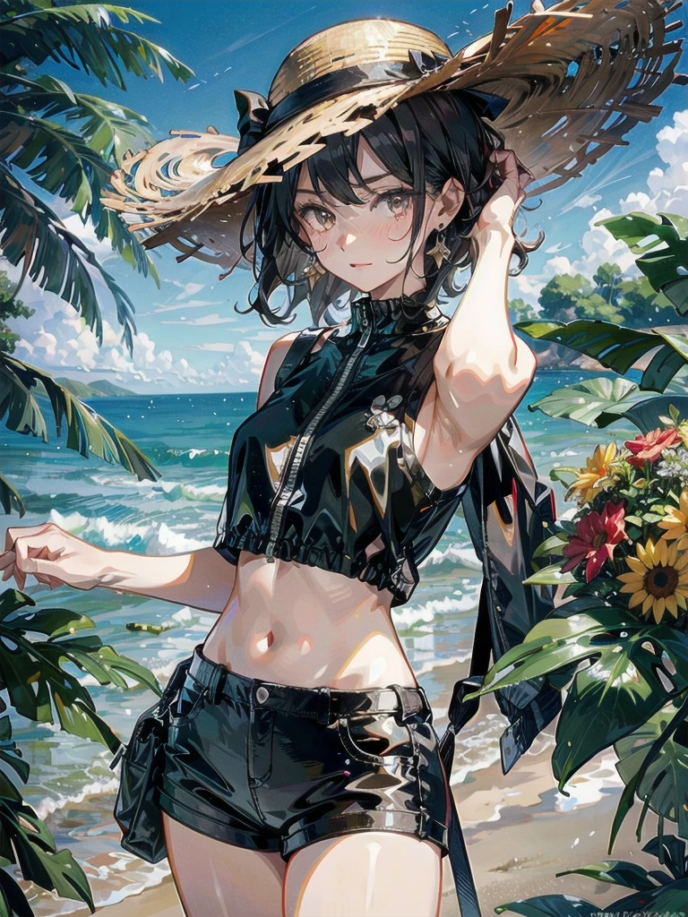 whole body, straw hat, Short-pants-bikini, absurdres, RAW photo, extremely delicate and beautiful, masterpiece, Best Quality, ultra high resolution, 32k, hyperrealistic, ultra-detailed, detailed description, pale skin, 20 years old, detailed beautiful face and eyes, tearful mole, earring, Colossal tits, short medium hair, wavy hair,　