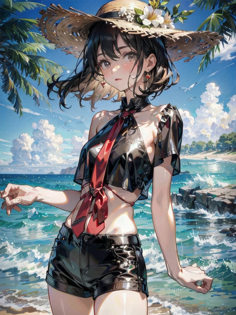 whole body, straw hat, Short-pants-bikini, absurdres, RAW photo, extremely delicate and beautiful, masterpiece, Best Quality, ultra high resolution, 32k, hyperrealistic, ultra-detailed, detailed description, pale skin, 20 years old, detailed beautiful face and eyes, tearful mole, earring, Colossal tits, short medium hair, wavy hair,
