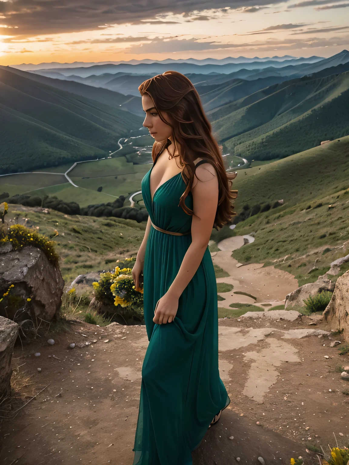 Vista trasera Mujer muy joven con cabello despeinado rojo brillante, un poco como Scarlett Johansson, figura jugosa, Maravillosos ojos grandes y labios carnosos., He stands on the top of a mountain and looks at the landscape. She is dressed in a long chiffon dress, fluido, Vestido verde oscuro volador, atardecer