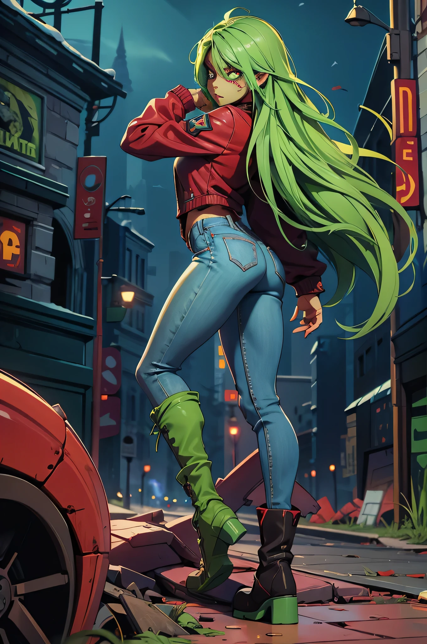  female full zombie. green skin, zombie skin, vivid, full body, flesh falling off, night background city blood, gore, jeans, , boots, hd